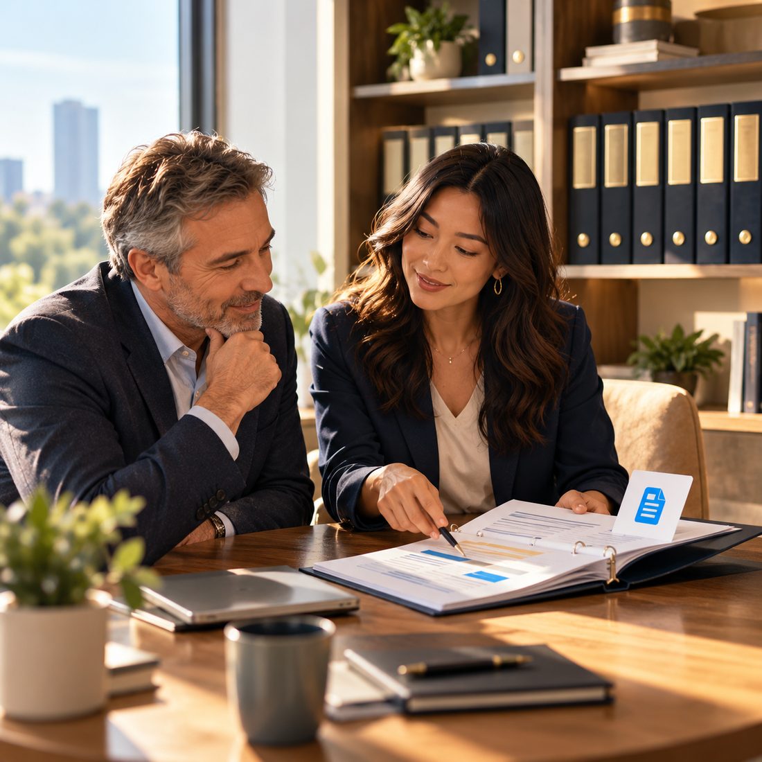 Two colleagues at a desk reading through a bound set of session minutes, one pointing to a highlighted line.