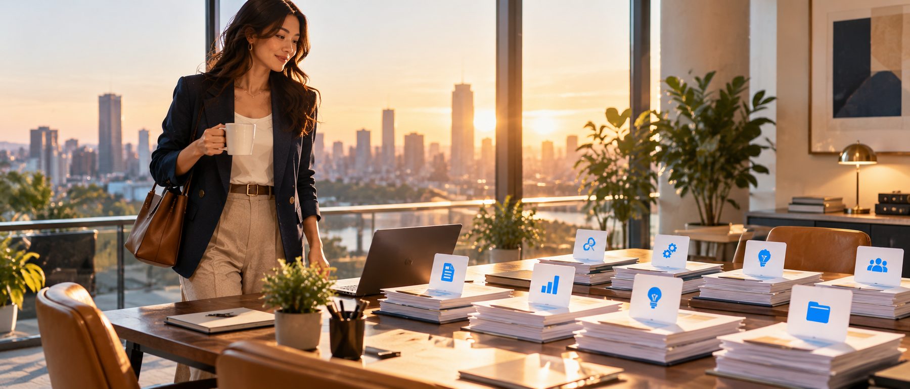 At sunrise, a founder arrives with a coffee to find the night's research papers laid out on the table, sorted by topic.